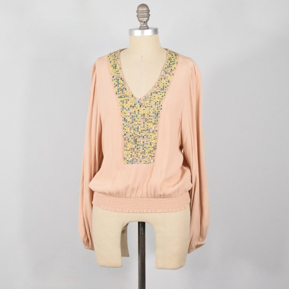 Maeve Salmon Pink Sequin Poet Sleeve Blouse
